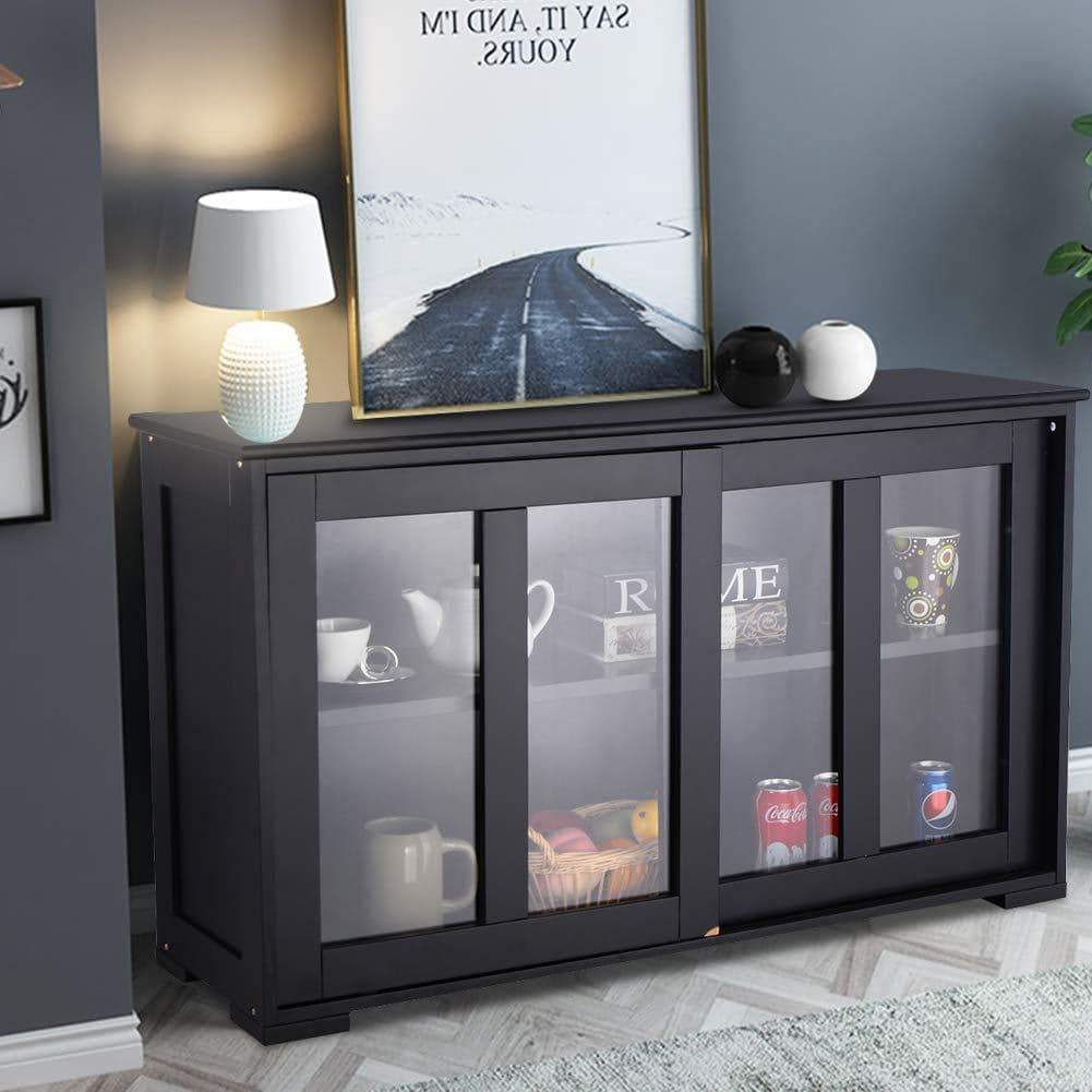 Budget waterjoy kitchen storage sideboard stackable buffet storage cabinet with sliding door tempered glass panels for home kitchen antique black