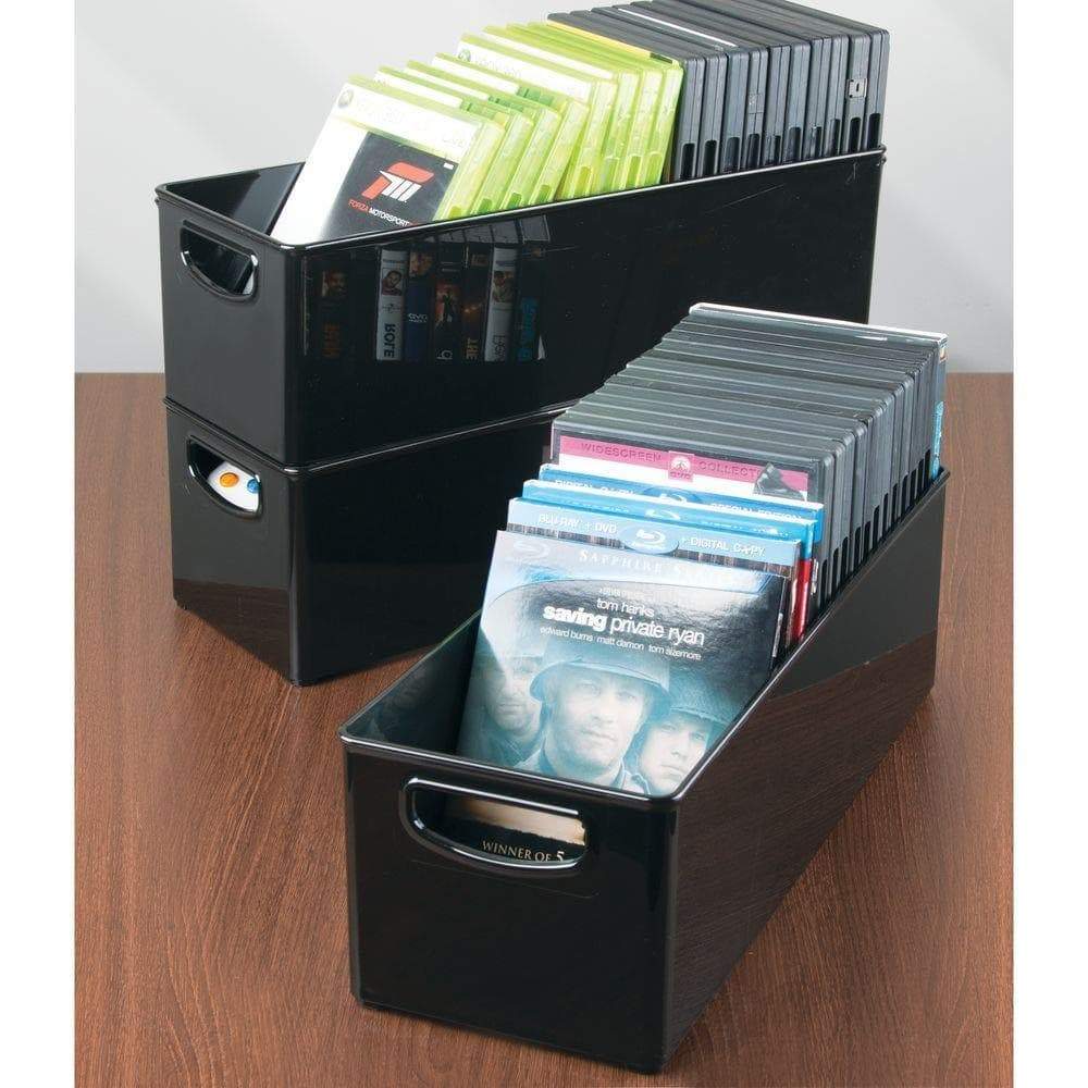 Budget plastic stackable household storage organizer container bin with handles for media consoles closets cabinets holds dvds video games gaming accessories head sets 8 pack black