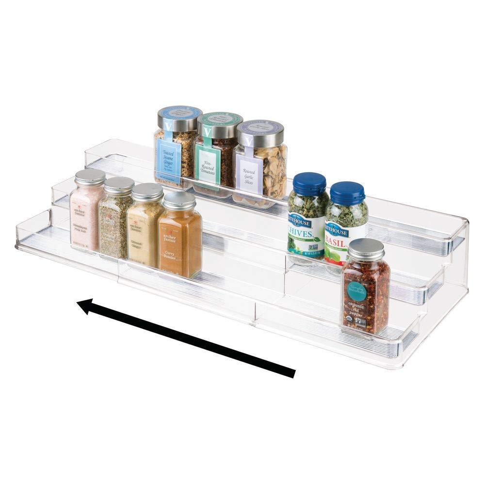 Explore large plastic adjustable expandable kitchen cabinet pantry shelf organizer spice rack with 3 tiered levels of storage for spice bottles jars seasonings baking supplies 2 pack clear