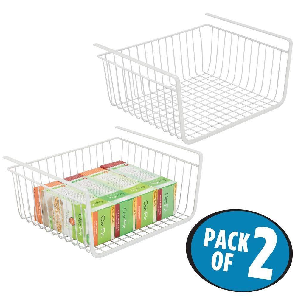 Storage household metal under shelf hanging storage bin basket with open front for organizing kitchen cabinets cupboards pantries shelves large 2 pack white
