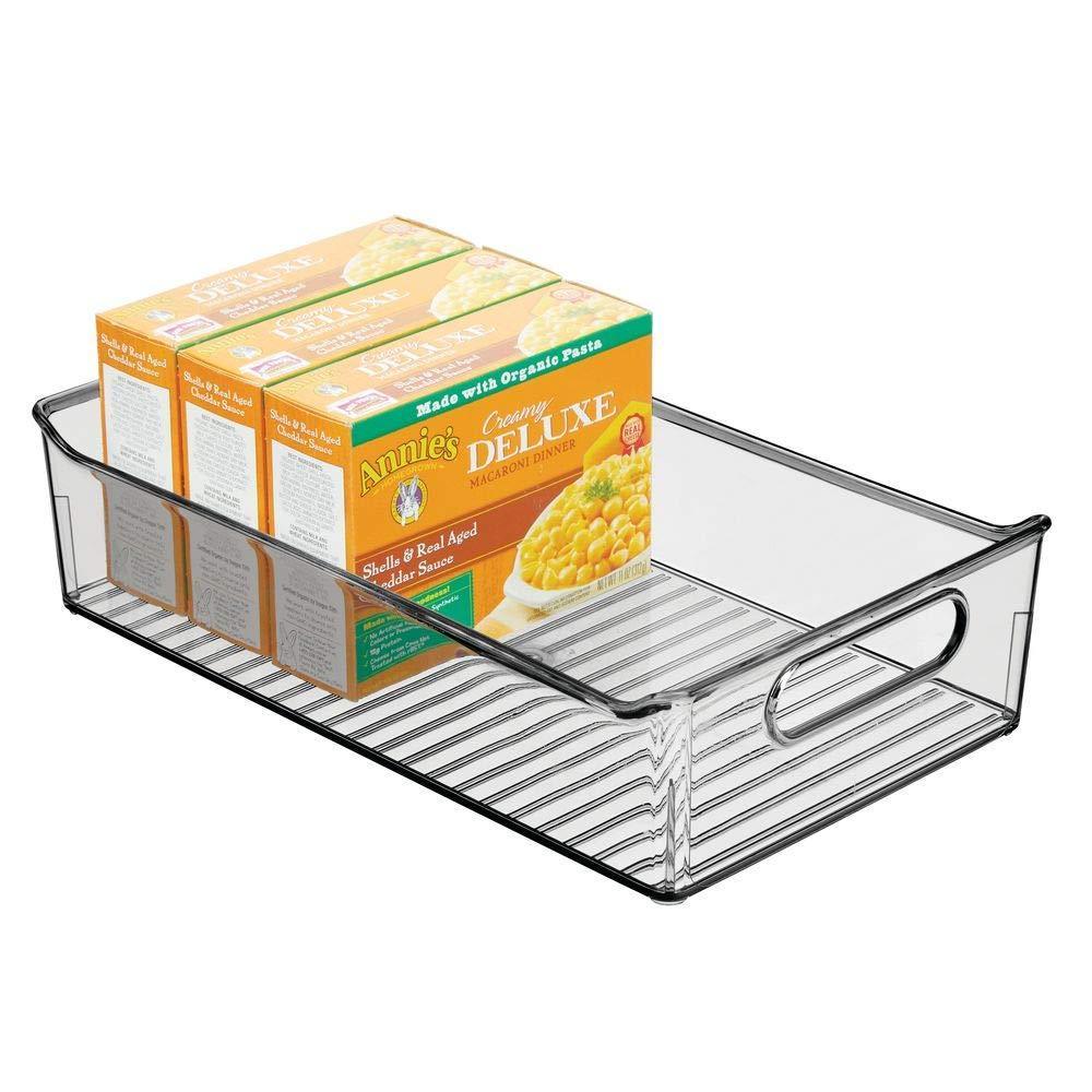 Discover wide plastic kitchen pantry cabinet refrigerator or freezer food storage bin with handles organizer for fruit yogurt snacks pasta bpa free 14 long 4 pack smoke gray