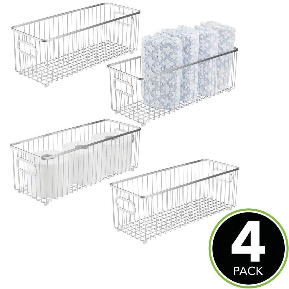 Great deep metal bathroom storage organizer basket bin farmhouse wire grid design for cabinets shelves closets vanity countertops bedrooms under sinks 4 pack chrome