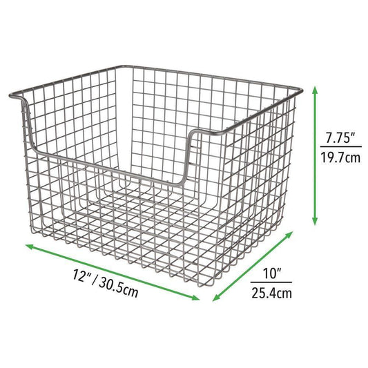 Organize with metal kitchen pantry food storage organizer basket farmhouse grid design with open front for cabinets cupboards shelves holds potatoes onions fruit 12 wide 2 pack graphite gray