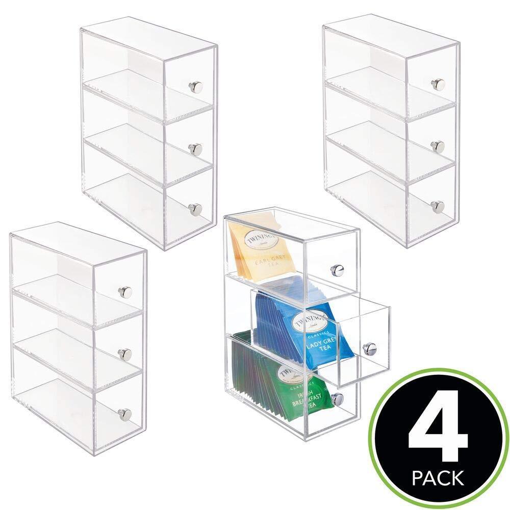 Storage plastic kitchen pantry cabinet countertop organizer storage station with 3 drawers for coffee tea sugar packets sweeteners creamers drink pods packets 4 pack clear