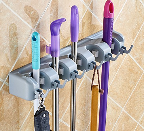 Wall Mounted Mop Holder Broom Holder 5 Position 6 Hooks For Home kitchen Garden Tools Garage Organizing (Gray)