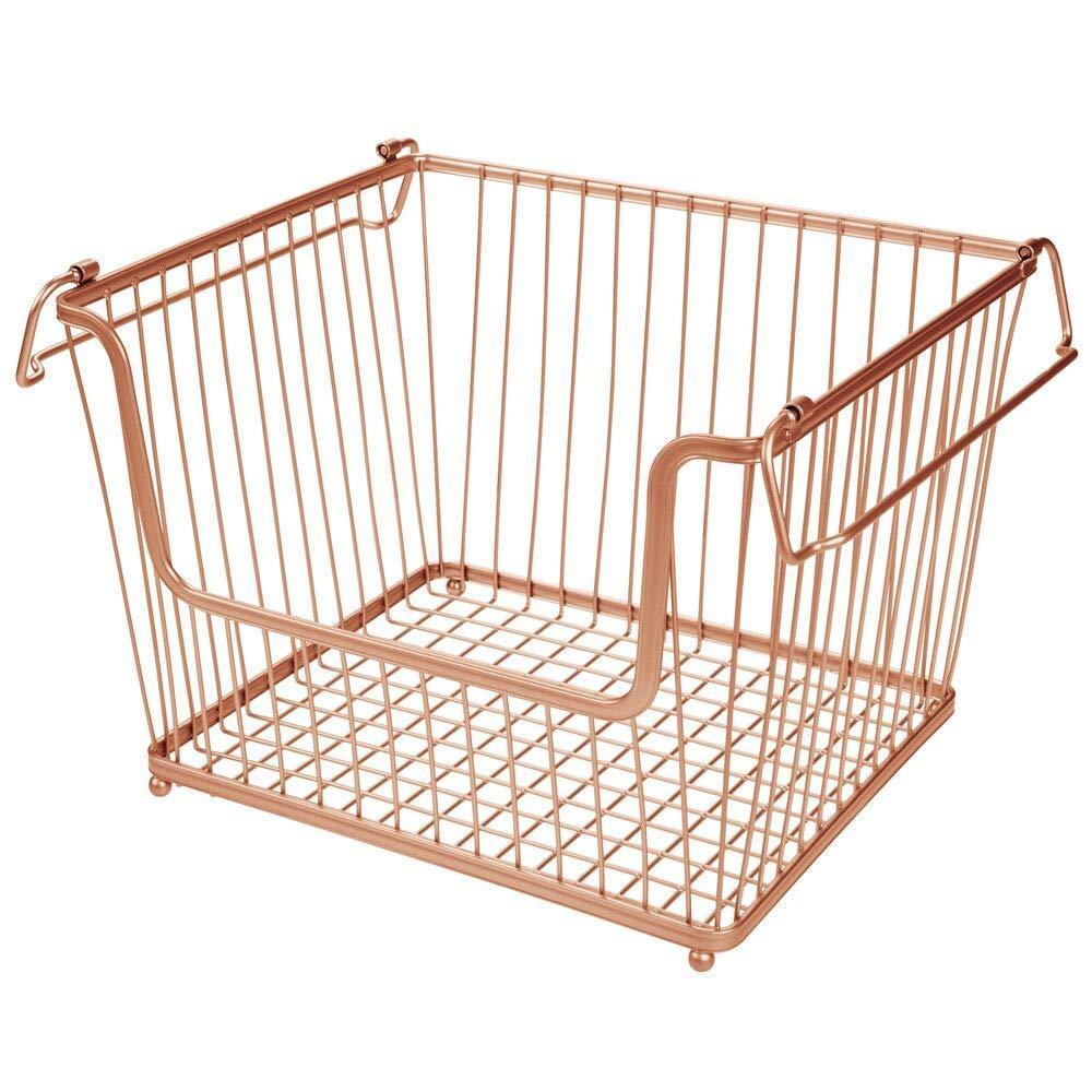 Select nice modern stackable metal storage organizer bin basket with handles open front for kitchen cabinets pantry closets bedrooms bathrooms large 6 pack copper