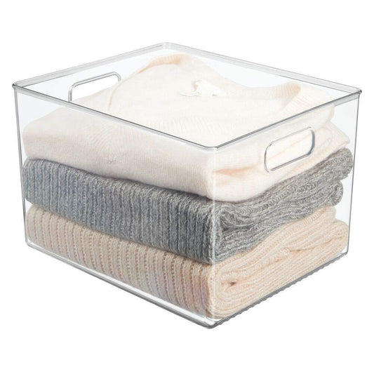 Heavy duty plastic home storage basket bin with handles for organizing closets shelves and cabinets in bedrooms bathrooms entryways and hallways store sweaters purses 8 high 8 pack clear