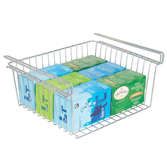 Explore household metal under shelf hanging storage organizer bin basket for organizing kitchen pantry cabinets cupboards shelves multipurpose vintage modern farmhouse grid style large chrome