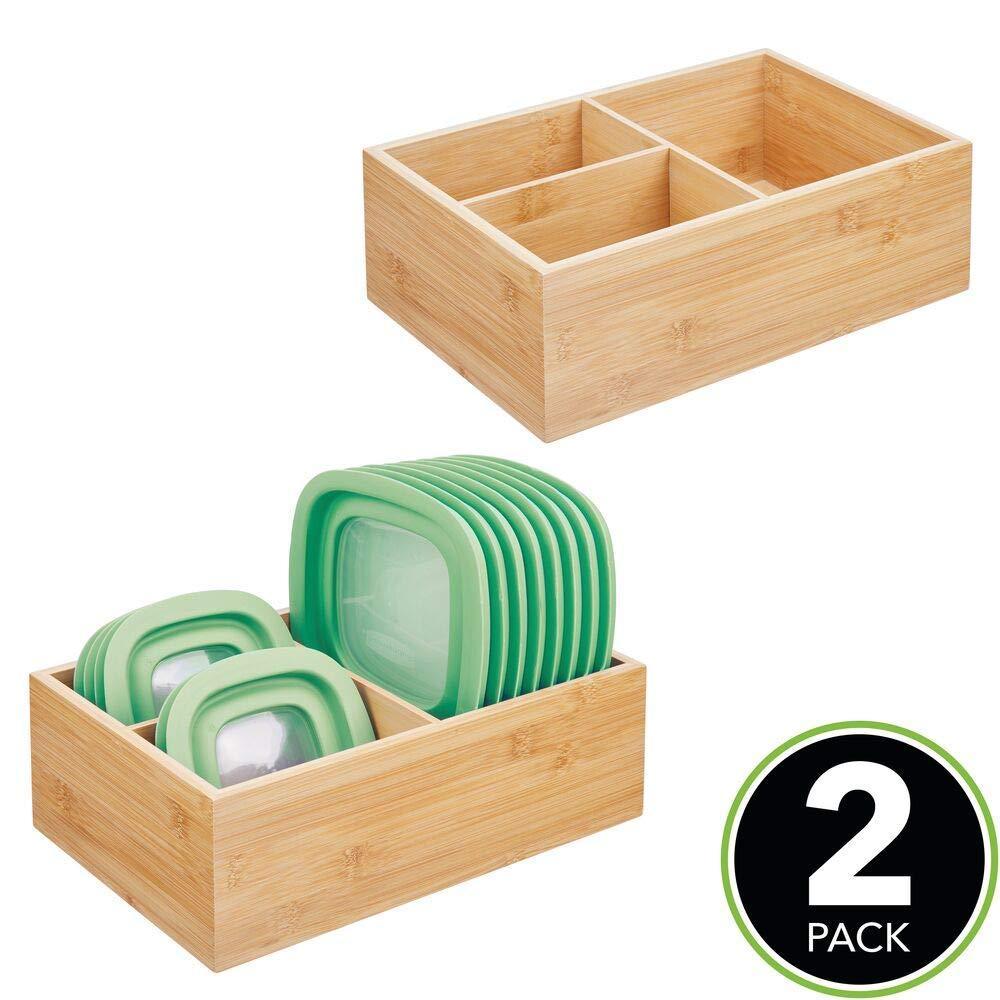 Heavy duty bamboo wood kitchen storage bin organizer for food container lids and covers use in cabinets pantries cupboards large divided organizer with 3 sections 2 pack natural