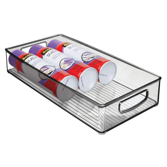 Storage plastic storage bin with handles for office desk book shelf filing cabinet organizer for sticky notes pens notepads pencils supplies bpa free 16 deep 4 long smoke gray