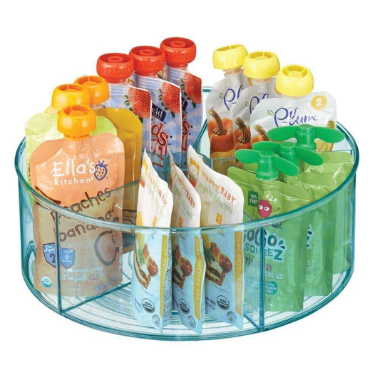 Discover the plastic divided lazy susan turntable storage container for kitchen cabinet pantry refrigerator countertop bpa free food safe spinning organizer for kids toddlers 4 pack sea blue