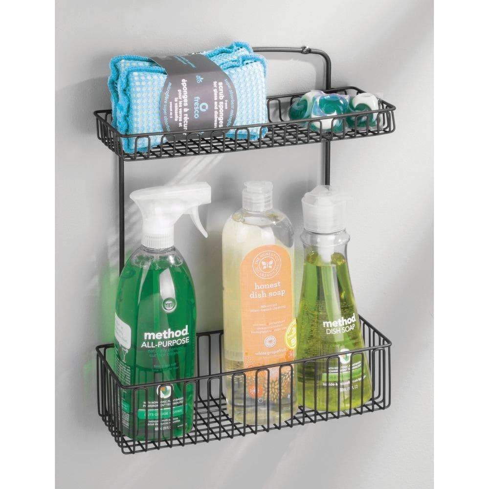 Latest metal farmhouse wall mount kitchen storage organizer holder or basket hang on wall under sink or cabinet door in kitchen pantry holds dish soap window cleaner sponges matte black