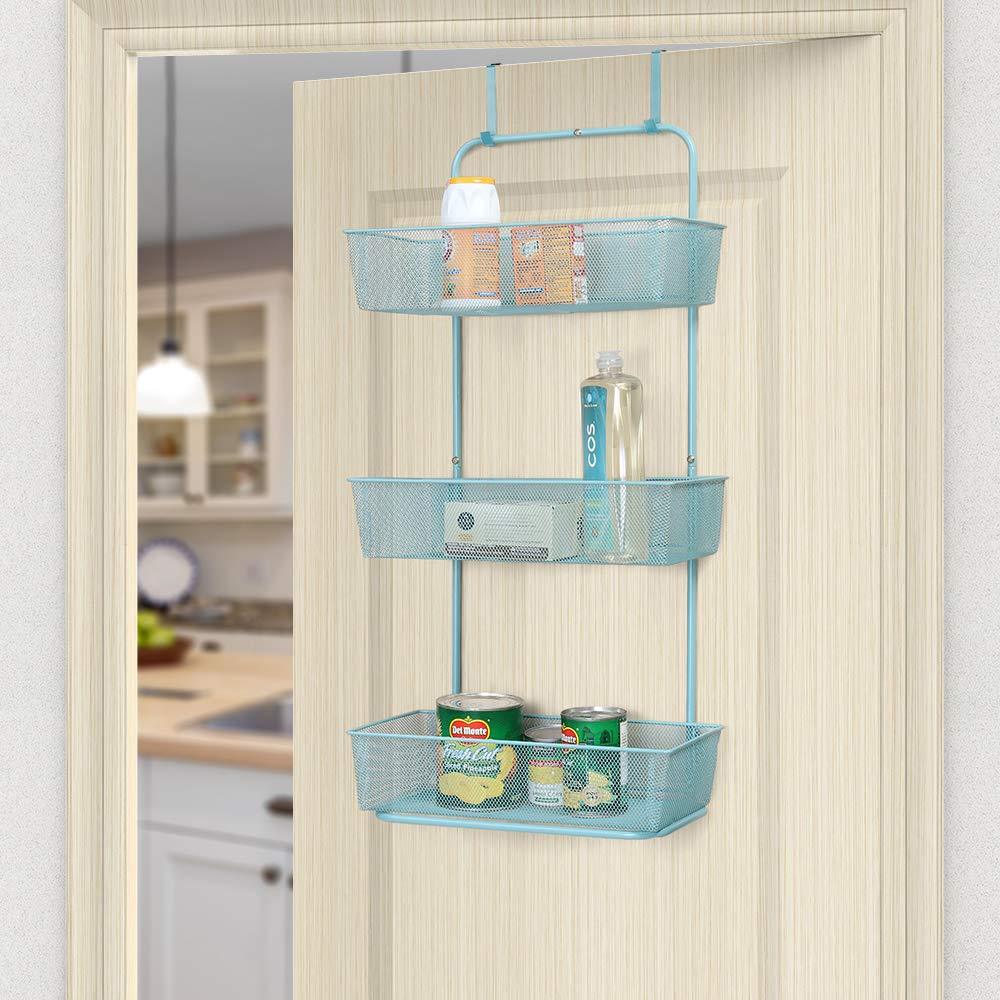 NEX Over the Door Basket Organizer, 3-Tier Mesh Basket Hanging Storage Unit Over Door Pantry Rack Organizer (Aqua Blue)