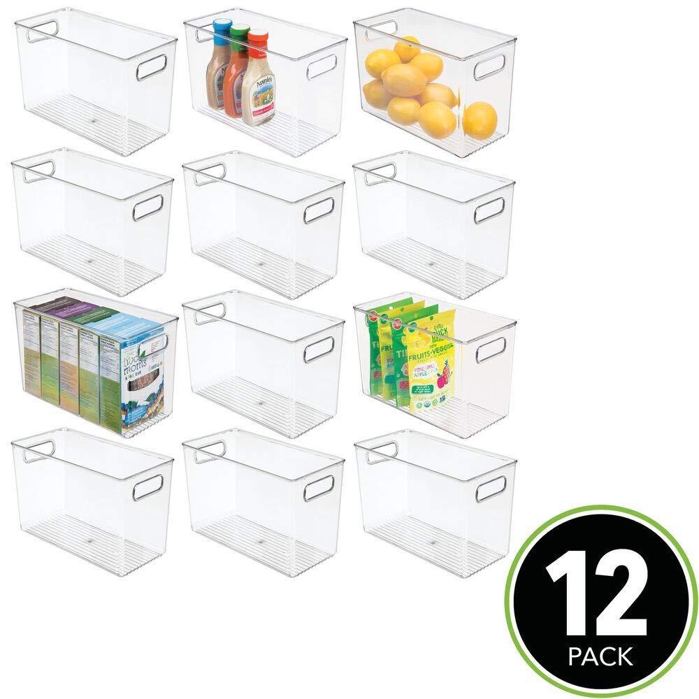 Storage plastic food storage container bin with handles for kitchen pantry cabinet fridge freezer narrow for snacks produce vegetables pasta bpa free food safe 12 pack clear