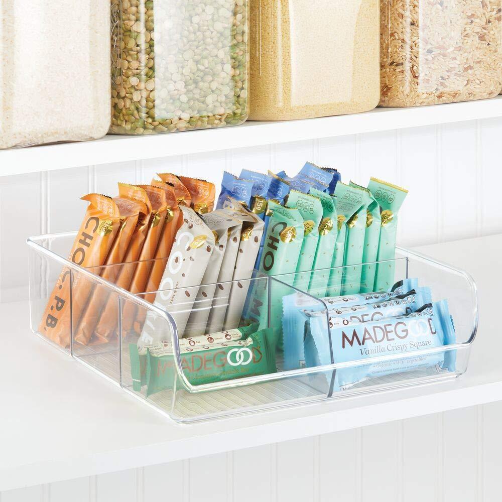 Shop here plastic wide food storage organizer bin caddy for kitchen pantry cabinet countertop holds baking supplies spices pouches dressing mixes tea sugar packets 6 sections 5 pack clear