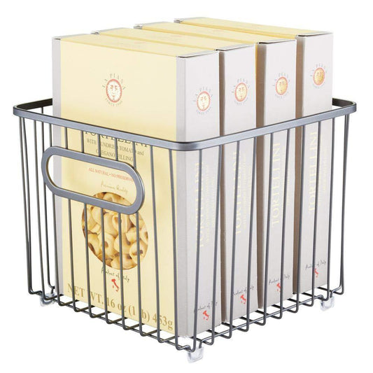 Exclusive metal farmhouse kitchen pantry food storage organizer basket bin wire grid design for cabinet cupboard shelf countertop holds potatoes onions fruit square 2 pack graphite gray