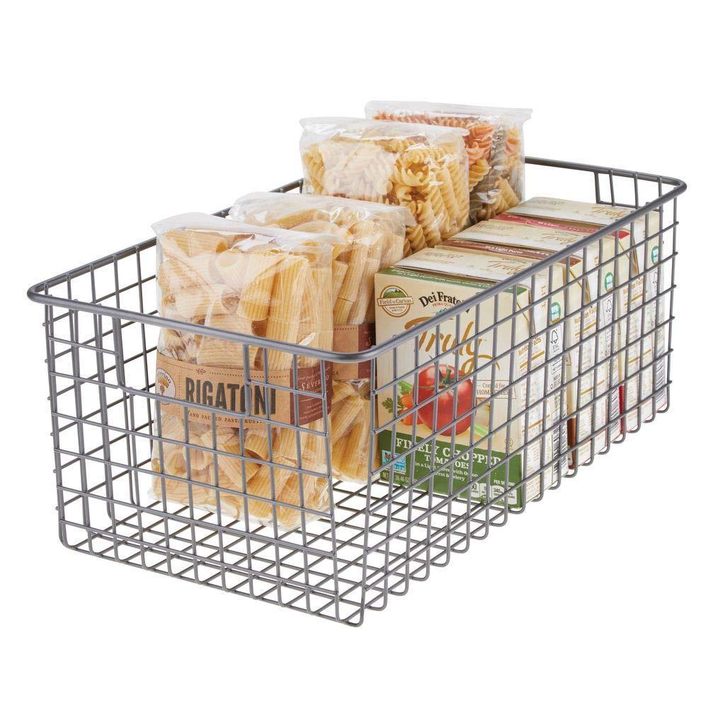 Discover the best farmhouse decor metal wire food organizer storage bin basket with handles for kitchen cabinets pantry bathroom laundry room closets garage 16 x 9 x 6 in 4 pack graphite gray