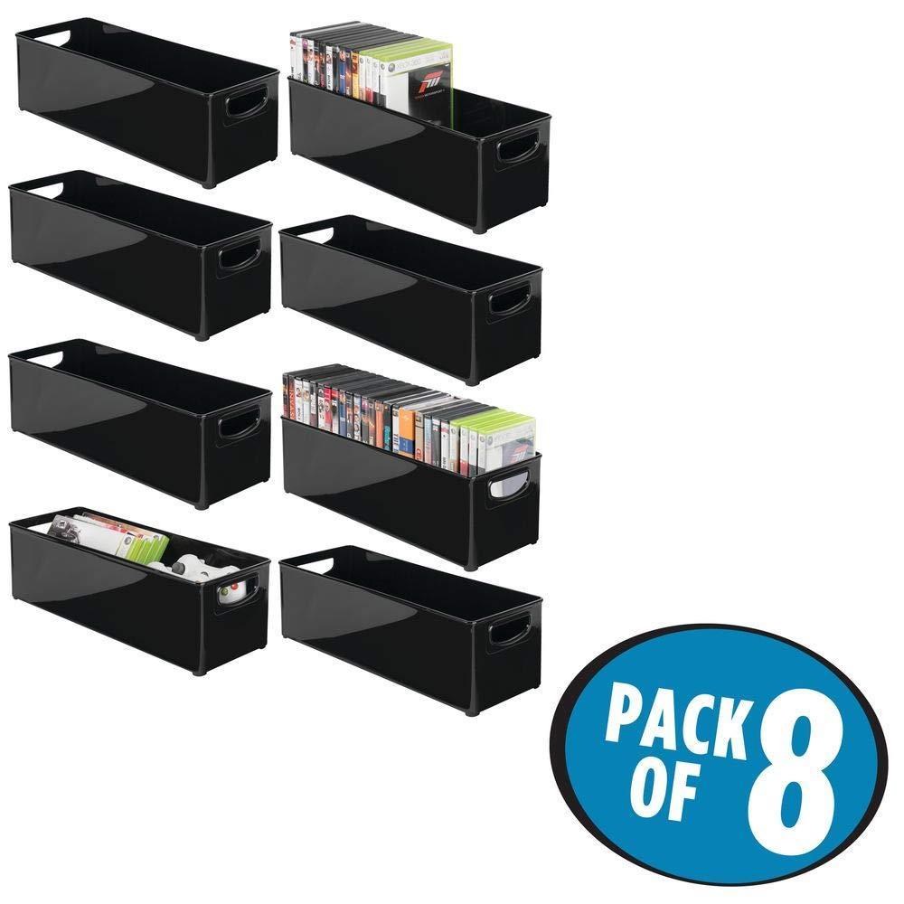 Budget friendly plastic stackable household storage organizer container bin with handles for media consoles closets cabinets holds dvds video games gaming accessories head sets 8 pack black
