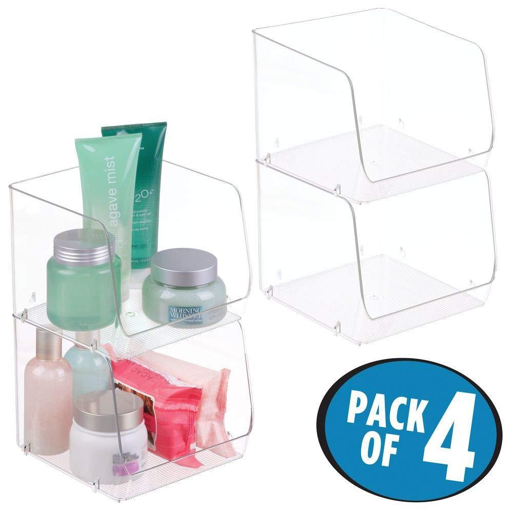 Online shopping large stackable plastic bathroom storage organizer bin basket with wide open front for vanity countertops cabinets closets under sinks cube 7 75 wide 4 pack clear