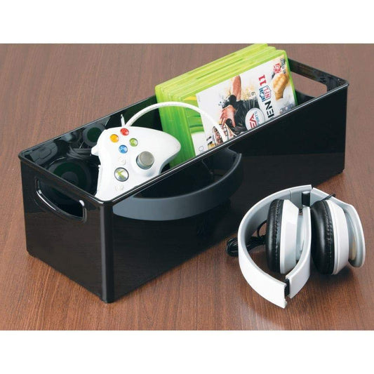 best plastic stackable household storage organizer container bin with handles for media consoles closets cabinets holds dvds video games gaming accessories head sets 8 pack black