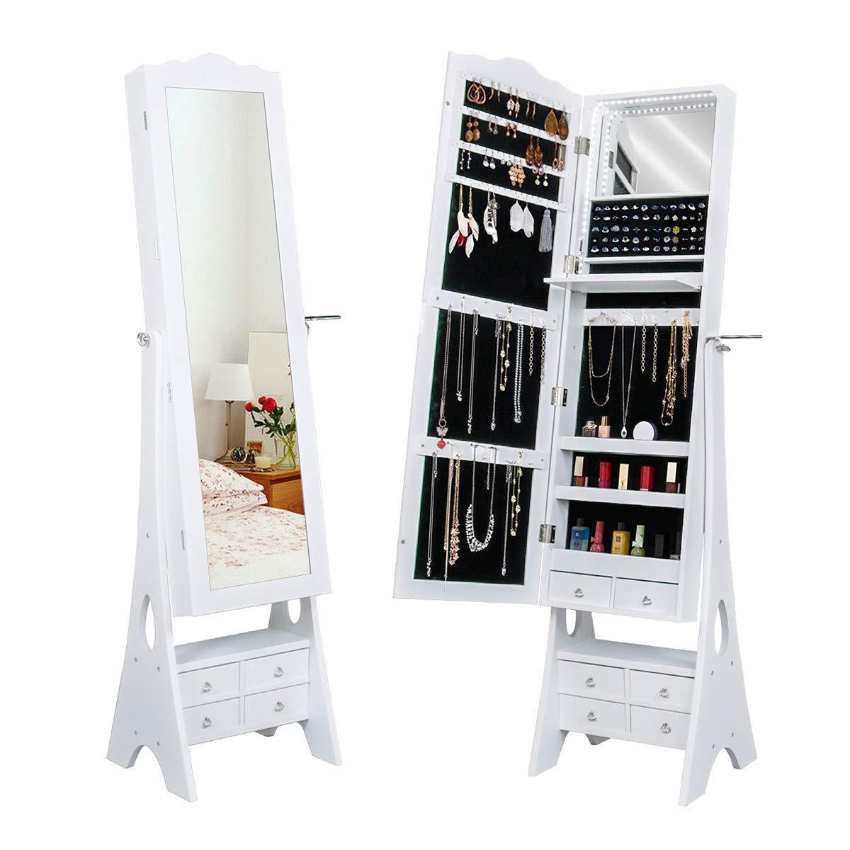 Budget friendly yokstore jewelry cabinet organizer led mirrored jewelry storage armoire with full length standing large capacity makeup dressing mirror wardrobe for bedroom white