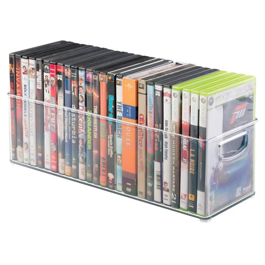 Cheap plastic stackable household storage organizer container bin with handles for media consoles closets cabinets holds dvds video games gaming accessories head sets 8 pack clear