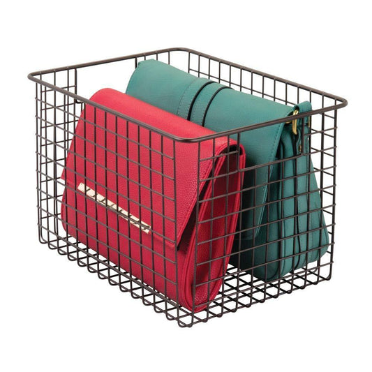 Try large farmhouse deco metal wire storage organizer basket bin with handles for organizing closets shelves and cabinets in bedrooms bathrooms entryways hallways 8 high 4 pack bronze