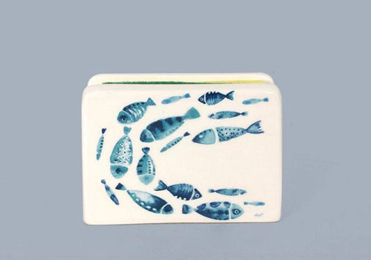 White Ceramic Nautical Blue School of Fish Sponge Holder