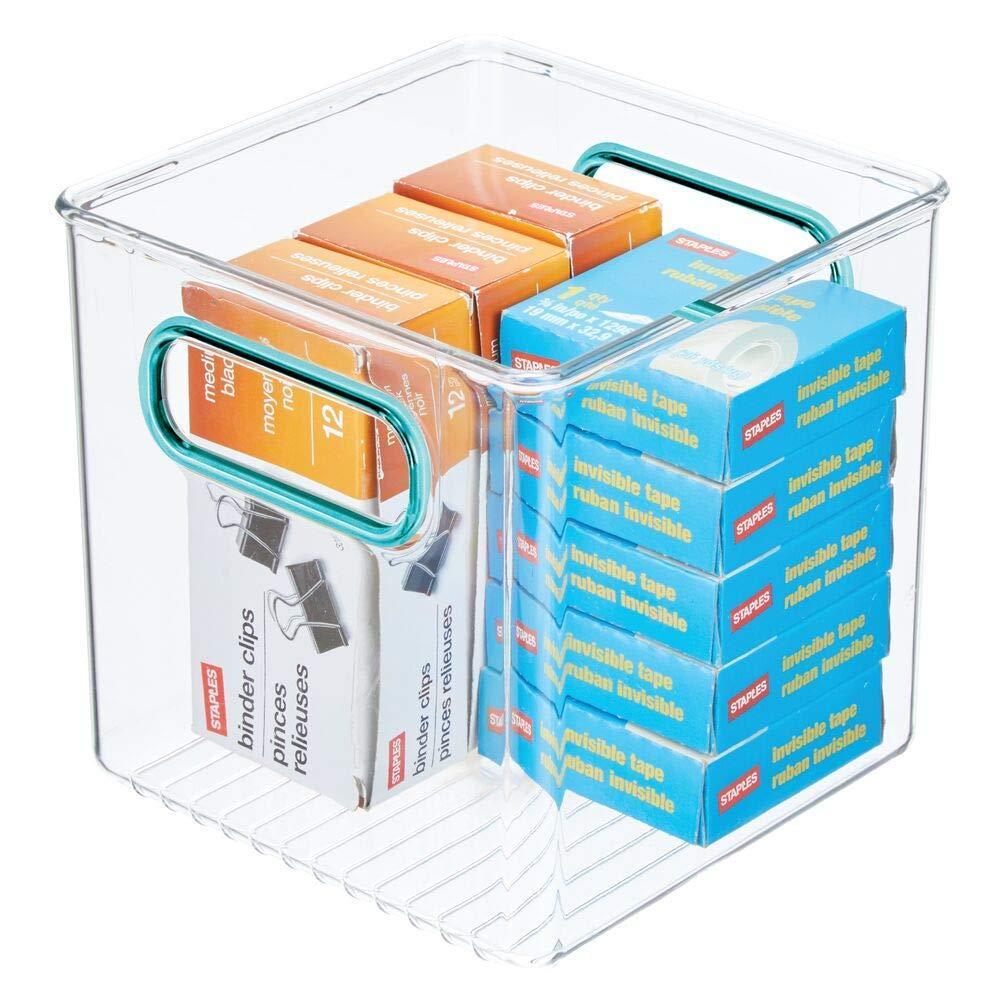 Best seller plastic home office storage organizer container with handles for cabinets drawers desks workspace bpa free for pens pencils highlighters notebooks 6 cube 4 pack clear blue