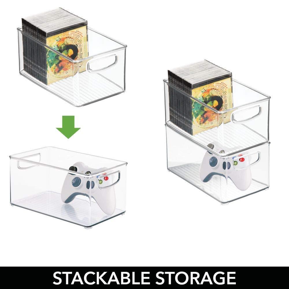 On plastic stackable household storage organizer container bin box with handles for media consoles closets cabinets holds dvds video games gaming accessories head sets 4 pack clear
