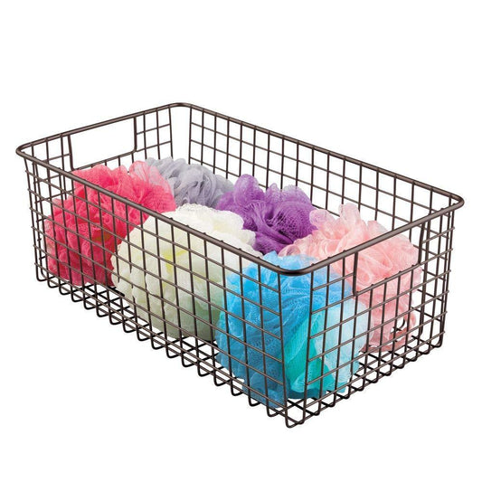 best farmhouse decor metal wire bathroom organizer storage bin basket for cabinets shelves countertops bedroom kitchen laundry room closet garage 16 x 9 x 6 in 8 pack bronze