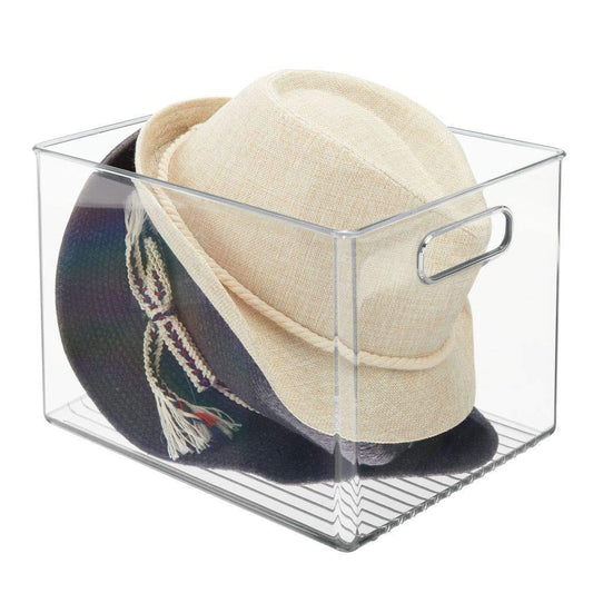 Save plastic home storage basket bin with handles for organizing closets shelves and cabinets in bedrooms bathrooms entryways and hallways 4 pack clear