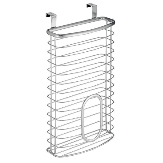 Great metal over cabinet kitchen storage organizer holder or basket hang over cabinet doors in kitchen pantry holds up to 50 plastic shopping bags silver