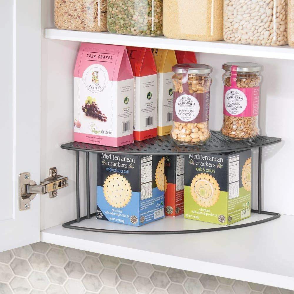 Try rustic metal corner shelf 2 tier storage organizer for kitchen cabinet pantry shelf counter holds dishes baking supplies canned goods spices rounded design 2 pack graphite gray