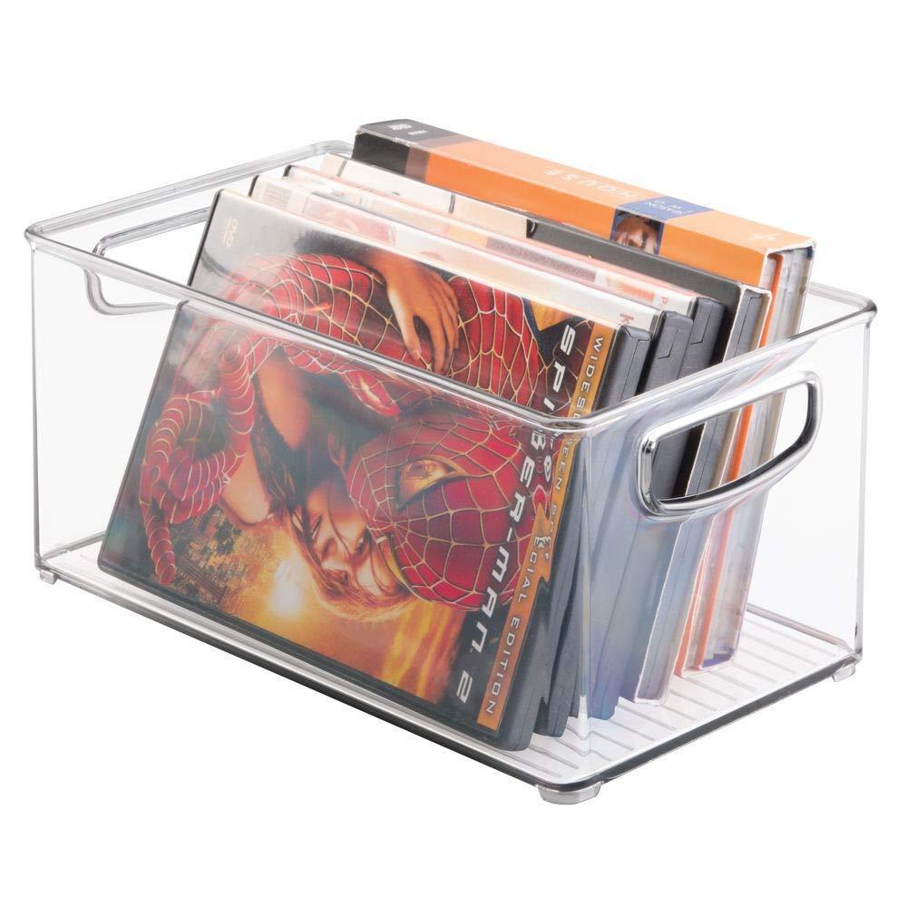 Home plastic stackable household storage organizer container bin box with handles for media consoles closets cabinets holds dvds video games gaming accessories head sets 4 pack clear
