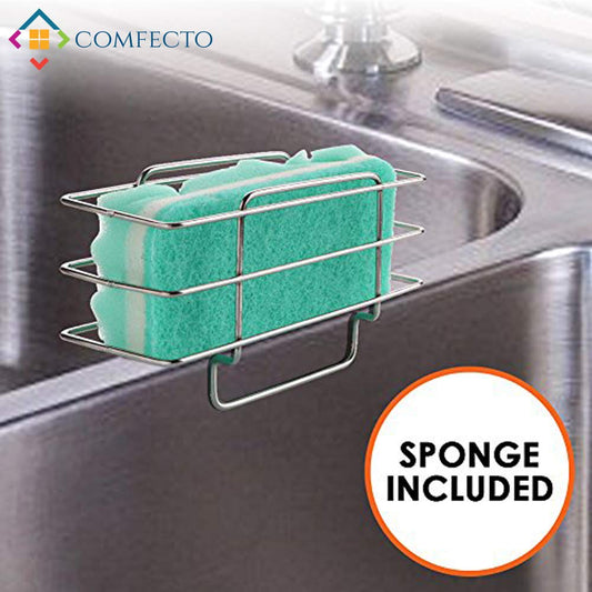 Kitchen Sponge Holder Stainless Steel Sink Caddy Organizer Drainer Rack for Dish Soap Dishwashing Liquid Brush with Anti Slip Grip - Wire Basket Design for Sanitary Drying - Sponge Included