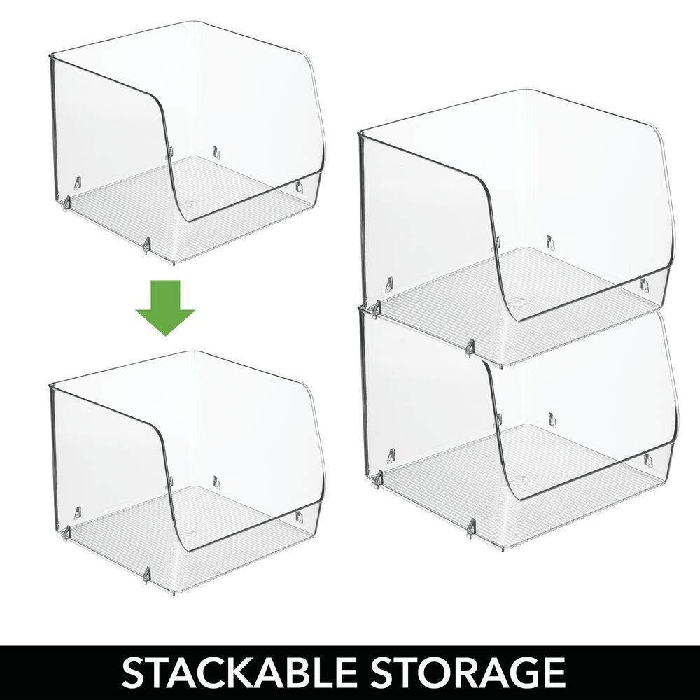 On large stackable plastic bathroom storage organizer bin basket with wide open front for vanity countertops cabinets closets under sinks cube 7 75 wide 4 pack clear