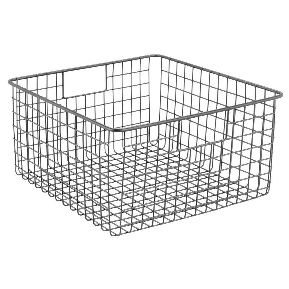 Budget friendly farmhouse decor metal wire food storage organizer bin basket with handles for kitchen cabinets pantry bathroom laundry room closets garage 12 x 12 x 6 4 pack graphite gray