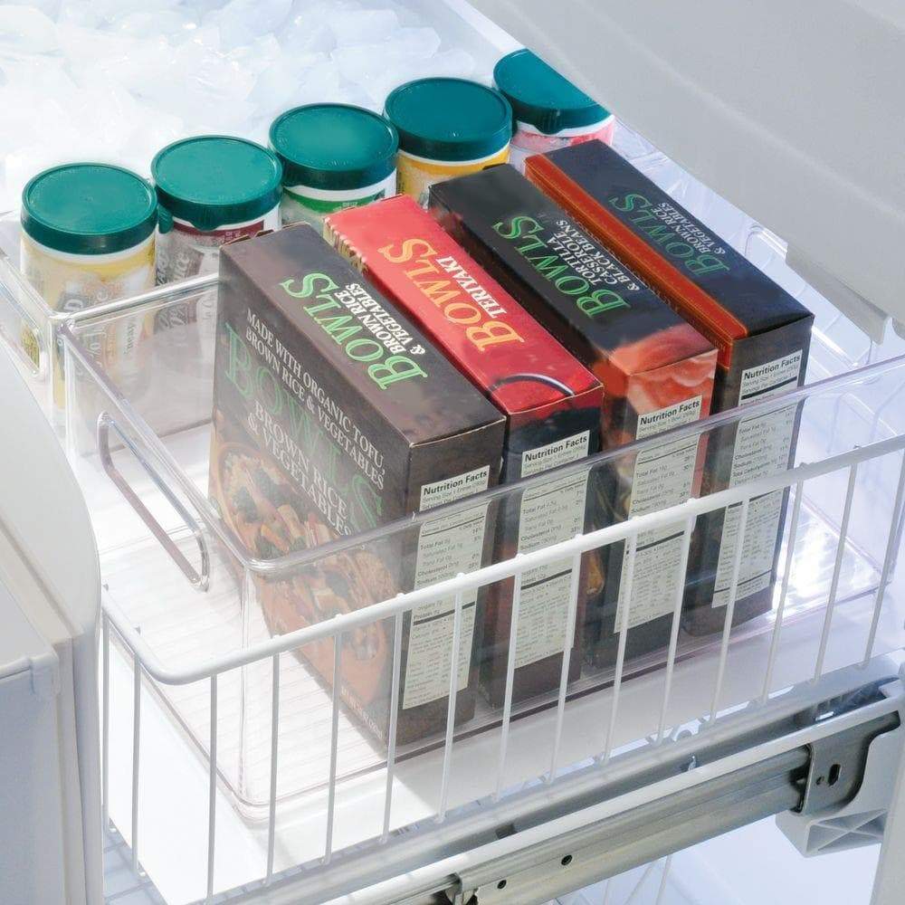 best deep plastic kitchen storage organizer container bin with handles for pantry cabinets shelves refrigerator freezer bpa free 14 5 long 4 pack clear