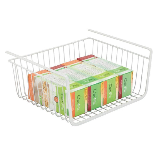 Top household metal under shelf hanging storage bin basket with open front for organizing kitchen cabinets cupboards pantries shelves large 4 pack white