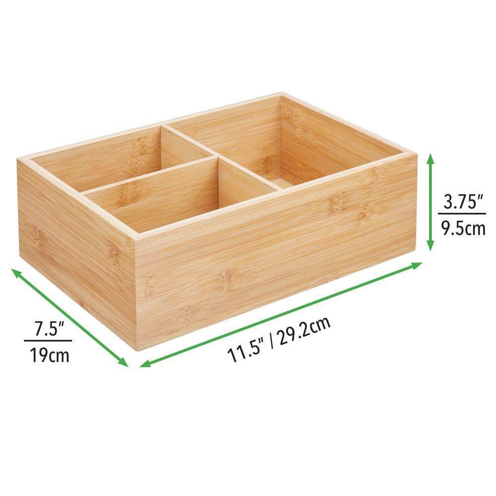Exclusive bamboo wood kitchen storage bin organizer for food container lids and covers use in cabinets pantries cupboards large divided organizer with 3 sections 2 pack natural