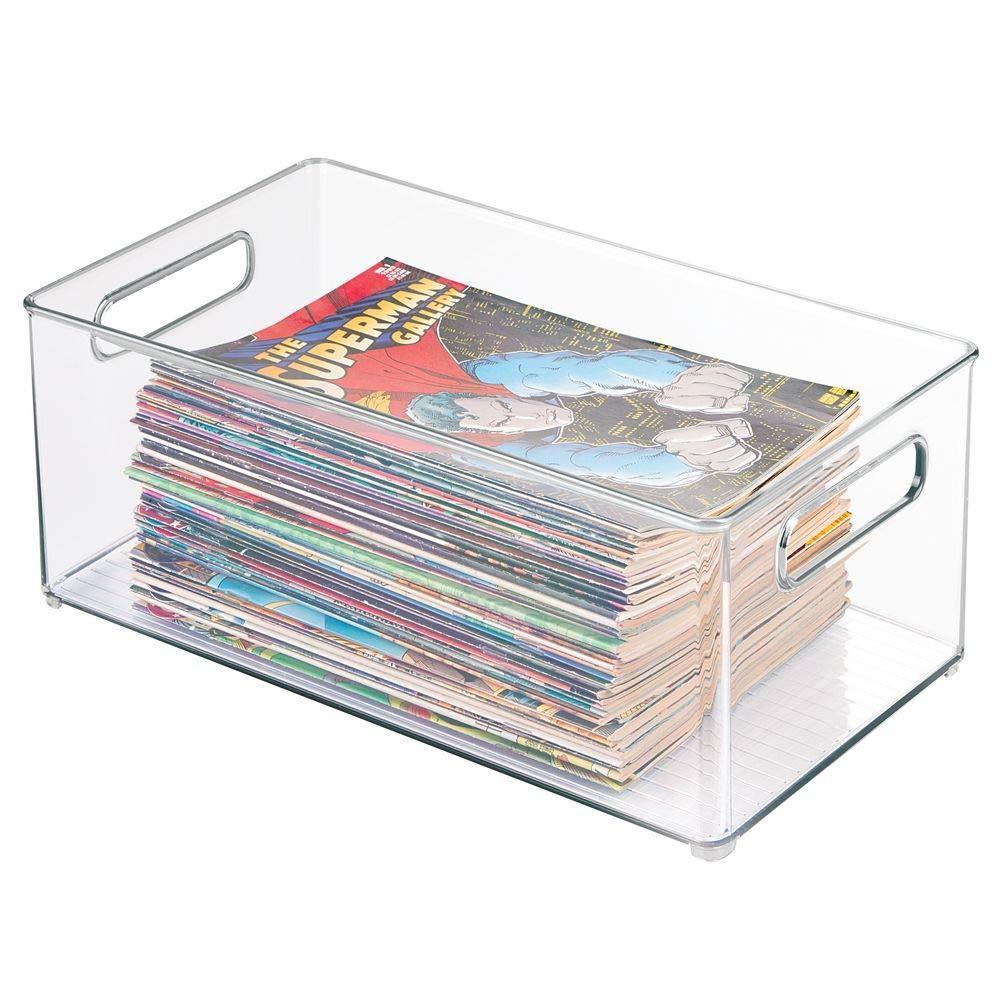 Buy now plastic home storage organizer container bin with handles for closets cabinets shelves hold dvds video games head sets controllers comics movies 14 5 long 8 pack clear