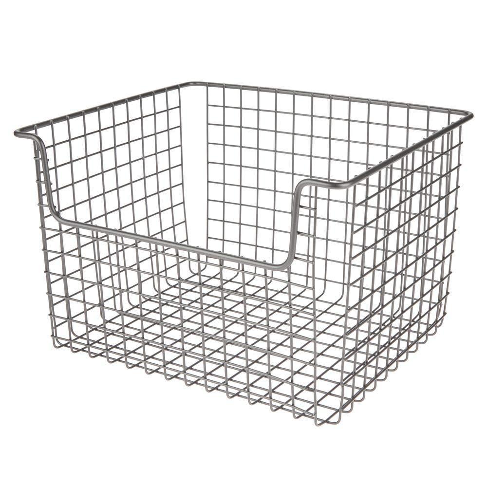 Save metal kitchen pantry food storage organizer basket farmhouse grid design with open front for cabinets cupboards shelves holds potatoes onions fruit 12 wide 2 pack graphite gray