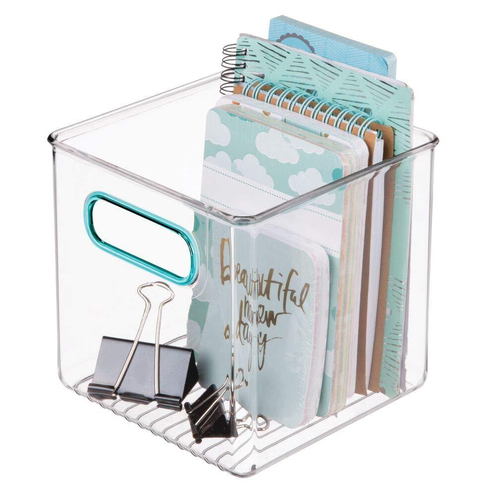 Budget plastic home office storage organizer container with handles for cabinets drawers desks workspace bpa free for pens pencils highlighters notebooks 6 cube 4 pack clear blue