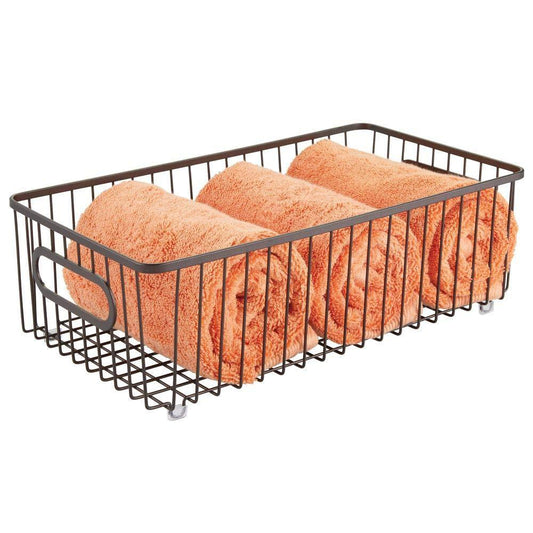 Best seller metal bathroom storage organizer basket bin farmhouse wire grid design for cabinets shelves closets vanity countertops bedrooms under sinks large 4 pack bronze