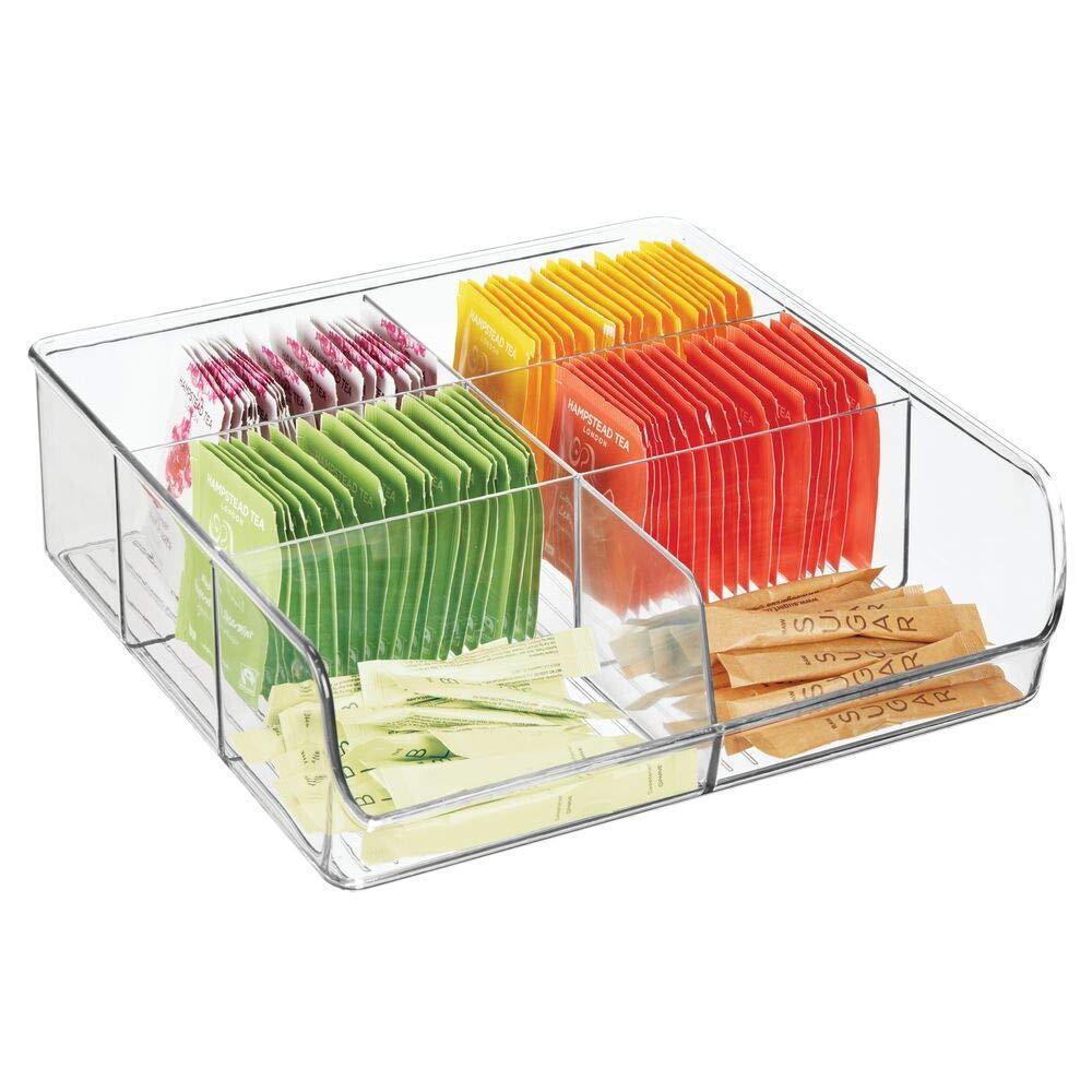 Select nice plastic wide food storage organizer bin caddy for kitchen pantry cabinet countertop holds baking supplies spices pouches dressing mixes tea sugar packets 6 sections 5 pack clear
