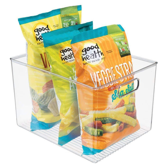 On plastic storage organizer container bins holders with handles for kitchen pantry cabinet fridge freezer large for organizing snacks produce vegetables pasta food 8 pack clear