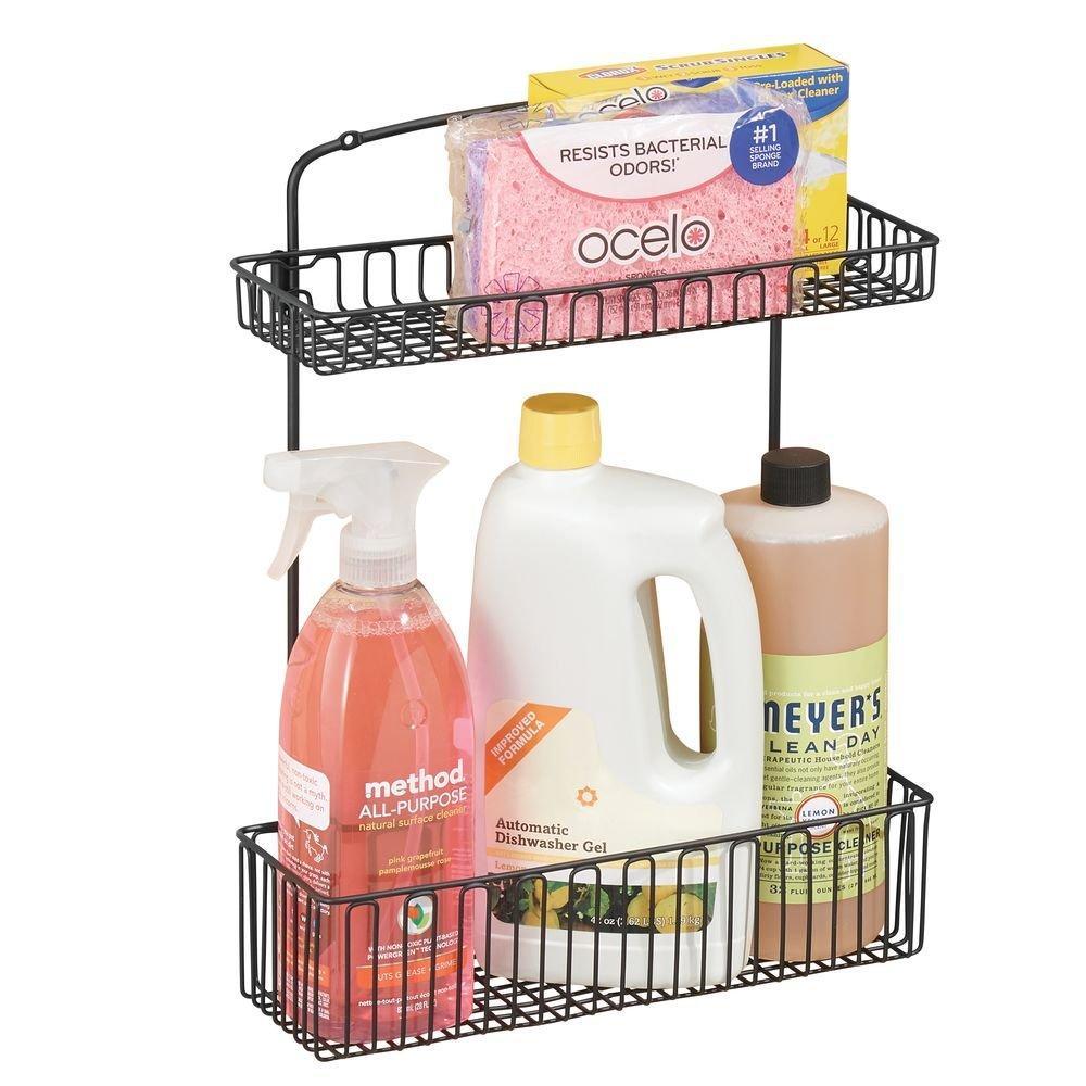 New metal farmhouse wall mount kitchen storage organizer holder or basket hang on wall under sink or cabinet door in kitchen pantry holds dish soap window cleaner sponges matte black