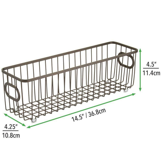 The best metal farmhouse kitchen pantry food storage organizer basket bin wire grid design for cabinets cupboards shelves countertops holds potatoes onions fruit long 4 pack bronze