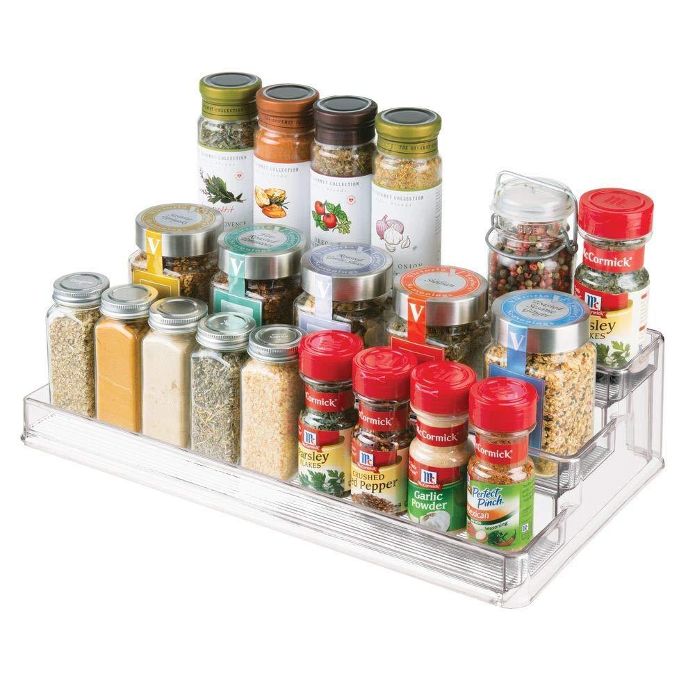 Exclusive large plastic adjustable expandable kitchen cabinet pantry shelf organizer spice rack with 3 tiered levels of storage for spice bottles jars seasonings baking supplies 2 pack clear